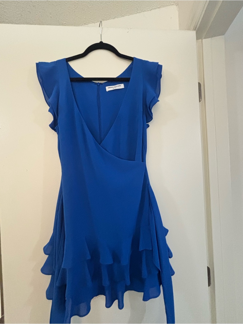 Amanda Uprichard Cobalt Blue Ruffle V-Neck Mini Dress with tie